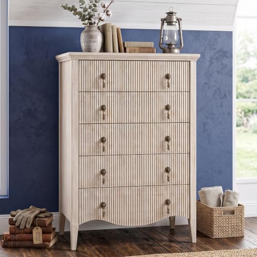 5-Drawer Fluted Dresser Nature Oak/Vintage Brown Wood, Freestanding Organizer, view 2