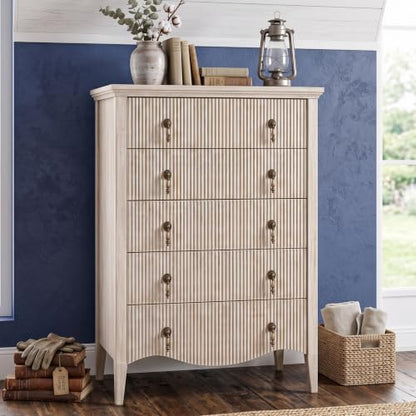 5-Drawer Fluted Dresser Nature Oak/Vintage Brown Wood, Freestanding Organizer, view 2