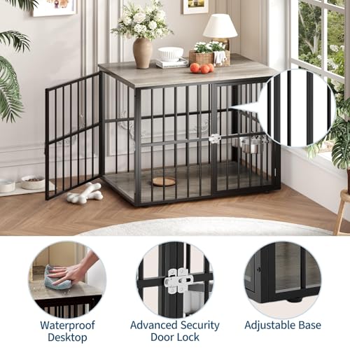 43'' Heavy Duty Dog Crate Furniture with 2 Doors and Adjustable Bowls, view 5