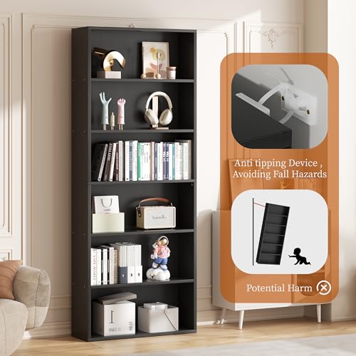 6-Tier Open Bookcase and Bookshelf, Floor Standing Wood Display Storage Shelves 71 Inch Tall Bookcase Home Decor Furniture for Home Office, Living Room, Bed Room, Black