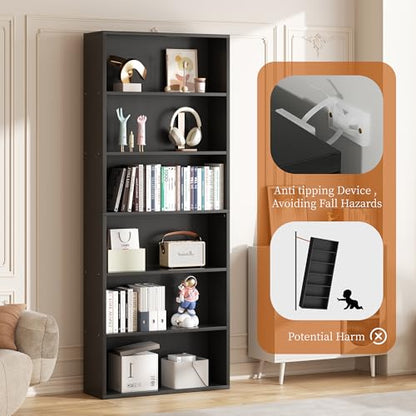 6-Tier Open Bookcase and Bookshelf, Floor Standing Wood Display Storage Shelves 71 Inch Tall Bookcase Home Decor Furniture for Home Office, Living Room, Bed Room, Black