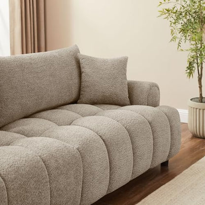 Boucle Sofa Couch, 91" Comfy Tufted Upholstered Cloud Couches, Modern 3 Seater Sofa with Pillows, Oversized Deep Seat Sherpa Couch for Living Room, Bedroom, Apartment (Camel Color)