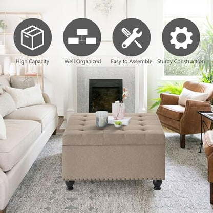 Oversized Square Ottoman Storage Bench for Living Room Bedroom Large Ottoman Coffee Table with Rubber Wood Legs, Linen Fabric Upholstered Foot Stool Foot Rest for Couch Sofa, Light Brown