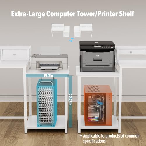 47 inch Computer Desk with Printer Shelf, Gaming Desk with Monitor Stand and Drawers, Reversible Home Office Desk with Storage Shelves and 2 Hooks, Home Workstation for Study Writing, White