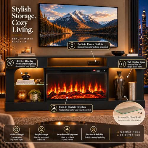 70 Inch Electric Fireplace TV Stand, Modern Entertainment Center with Fireplace, view 5