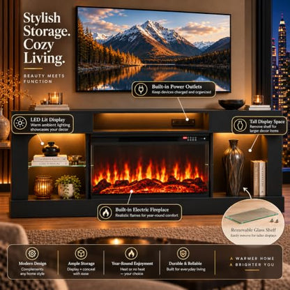 70 Inch Electric Fireplace TV Stand, Modern Entertainment Center with Fireplace, view 5