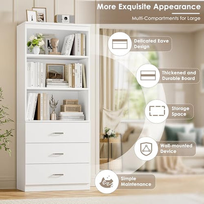 71" H White Bookshelf with Drawers, Bookshelf and Bookcase with 3-Tier Open Shelves, Tall Bookshelf Tall Storage Cabinet for Home Office