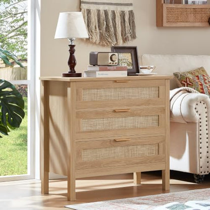 26.8" Wide Rattan Nightstand, Large Boho 3 Drawer Night Stand, Natural Wood Bedside Table with Storage, Tall Bed Side End Tables for Bedroom, Living Room, Hallway