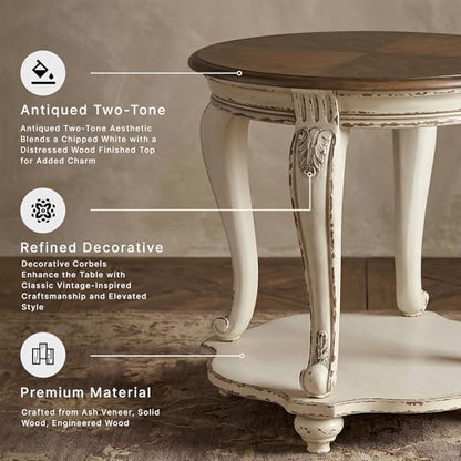 Signature Design by Ashley Realyn Round End Table, Cottage-Style Side Table with Antiqued Two-Tone Finish, Wood & Veneer Construction for Living Room or Bedroom, White/Brown