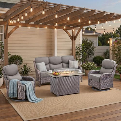 Luxury High Back Patio Furniture Set with 6-Inch Thick Cushions, 4-Pieces Outdoor Furniture with Swivel Chairs Fire Pit, Wicker Conversation Set for Porch, Balcony, Deck and Yard, Brown/Grey