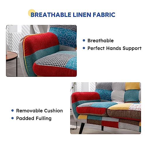 Modern Boho Loveseat Couch Sofa Chair for Living Room Bedroom, Upholstered Colorful Plaid Fabric 2-Seat Love Seat Sofa with Wood Leg for Small Space, One Loveseat