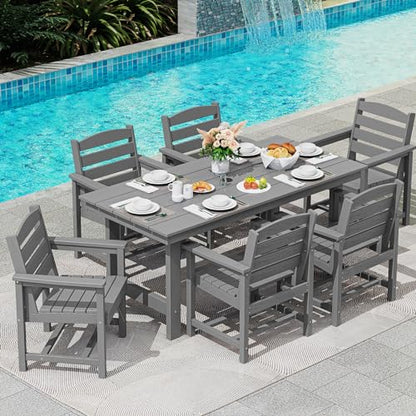 Outdoor HDPE Dining Table Set, 7-Piece Outdoor Dining Table Sets with Umbrella Hole Cut-Out Table and 6 Chairs, Gray