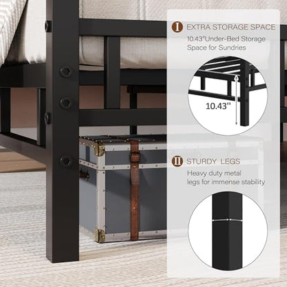 Queen Size Canopy Bed Frame with Heavy Duty Metal Slats, Black, view 6