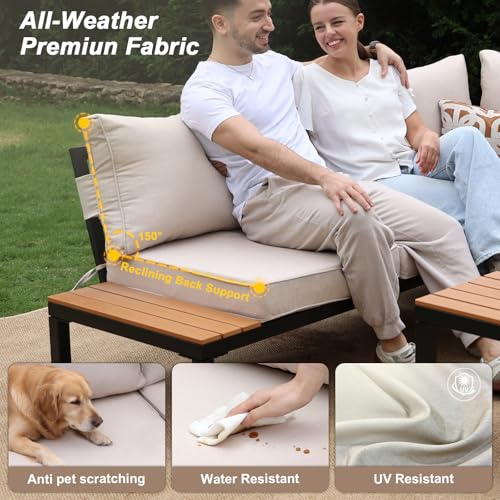 4-Piece Patio Furniture Set,Metal Outdoor Sectional Sofa with 3 Fauxwood Tables &Adjustable Reclining Chair,Patio Modular L Shape Sofa with Thickened Cushions for Backyard,Deck,Balcony,Beige
