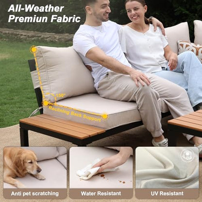 4-Piece Patio Furniture Set,Metal Outdoor Sectional Sofa with 3 Fauxwood Tables &Adjustable Reclining Chair,Patio Modular L Shape Sofa with Thickened Cushions for Backyard,Deck,Balcony,Beige