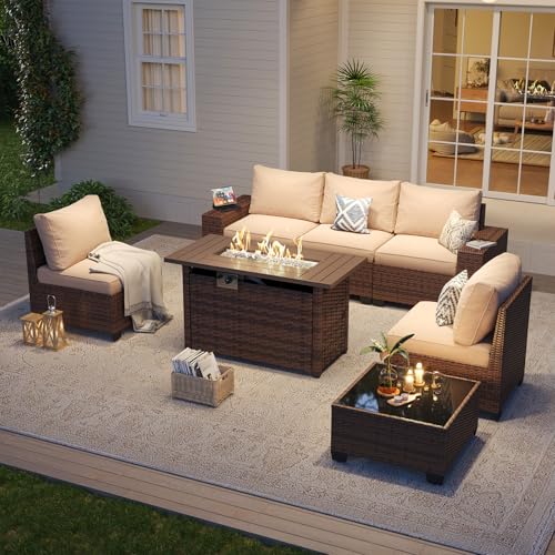 Outdoor Patio Furniture Set with 44'' Fire Pit Table, 7 Pcs Outdoor Patio Furniture Sets with 4in Thicken Cushion, Widen Armrests Wicker Outdoor Sectional for Backyard & Garden, Beige
