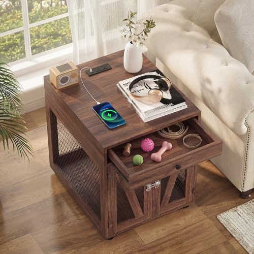 Wooden Dog Crate End Table with USB Charging Station, Walnut, view 6