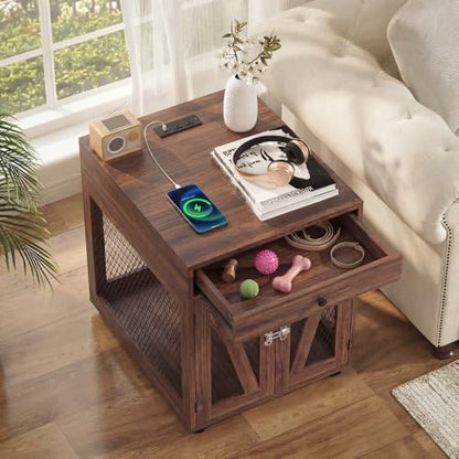 Wooden Dog Crate End Table with USB Charging Station, Walnut, view 6