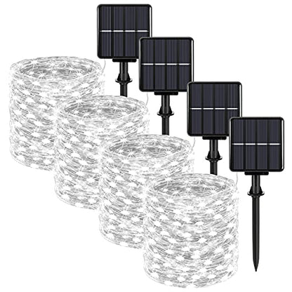 Extra-long 288FT 800 LED Solar Fairy String Lights, 4-Pack 72FT 200 LED Outdoor Twinkle Lights Waterproof 8 Lighting Modes Cool White Silver Wire Lights for Deck Backyard Tree Garden Fence Pool Party