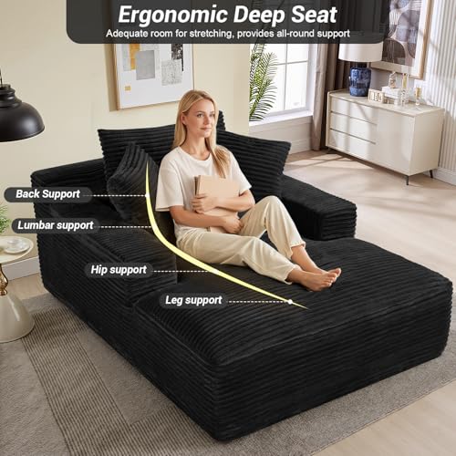 50"W x 68"D Oversized Chaise Lounge Chair Indoor Boneless Reading Chair Plush Corduroy Recliner Large Deep Seat Upholstered Sleeper Comfy Sofa Bed Couch with 3 Pillows for Living Room Bedroom, Black