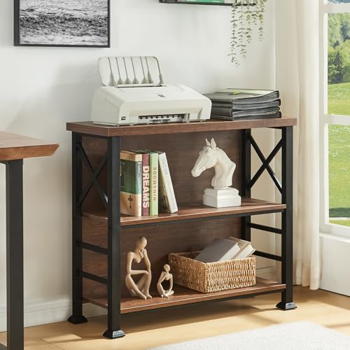 3-Tier Small Bookshelf, 35.4 Inch Short Book Shelf with Sturdy Metal Frame & Wood Shelves, Rustic Brown Industrial Bookcase for Living Room, Bedroom, Office