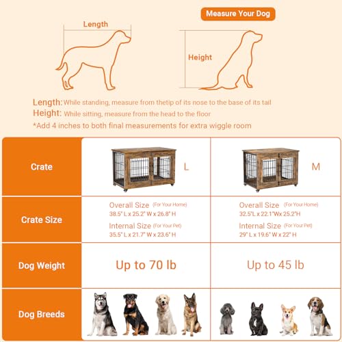 Large Dog Crate Furniture, 38'' Heavy Duty Wood Kennel w/Cushion & Wheels, view 7