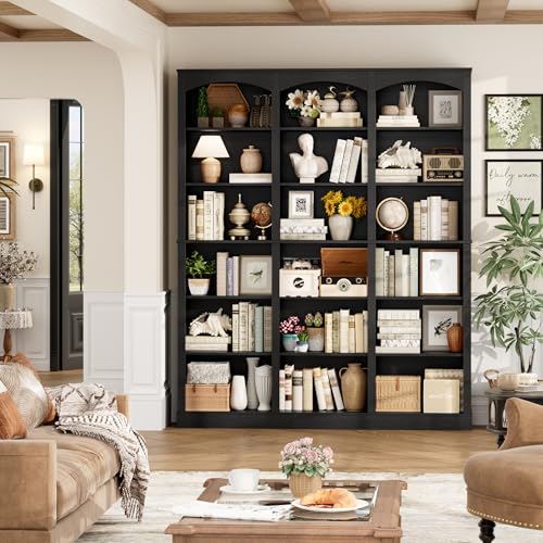 71" Triple Wide Bookshelf, 6 Tier Large Arch Black Bookcase, view 3