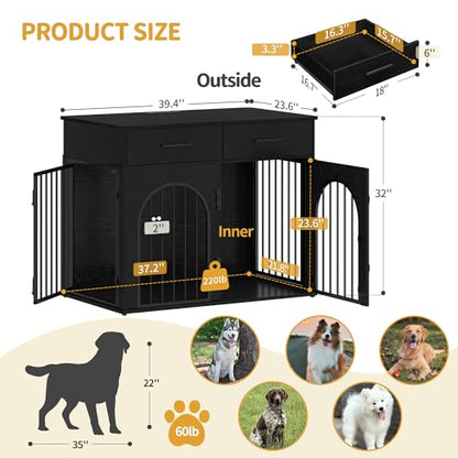 39.4'' Dog Crate Furniture with Storage & Power Indoor Dog Kennel, view 3