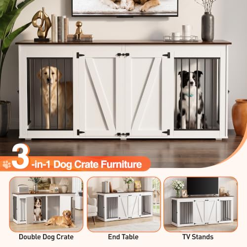 71" Double Dog Crate Furniture, Wooden Indoor Dog Kennel with Removable Divider, view 5
