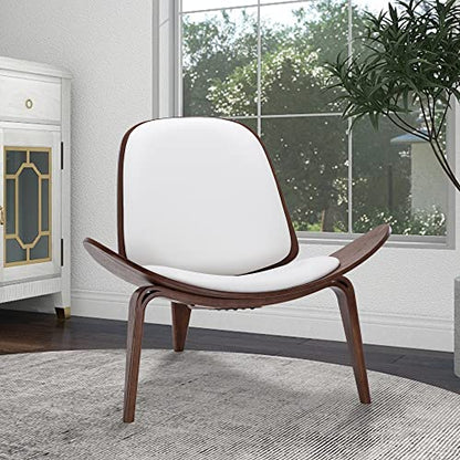 Mid-Century Modern Shell Side Accent Tripod Plywood Lounge Chair Walnut Upholstered Faux Leather, White