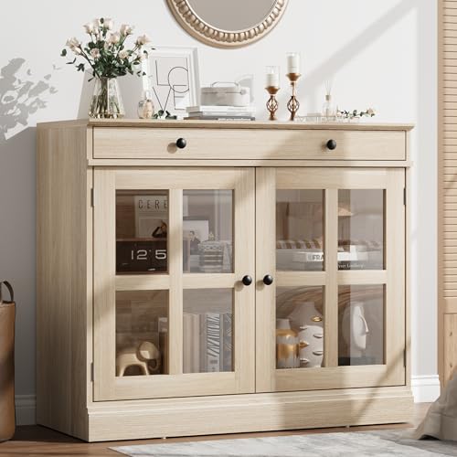 35.4 in Sideboard Buffet Cabinets with Glass Door, Buffet Cabinet with Storage, Oak Sideboard Cabinet with Drawer, Modern Buffets & Sideboards for Dining Room, Kitchen