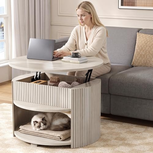 Round Lift Top Coffee Table with Storage, Fluted Mid-Century Modern Coffee Tables for Living Room, with Hidden Compartment & Open Shelves, for Small Spaces & Home Office(31.5" White Oak)
