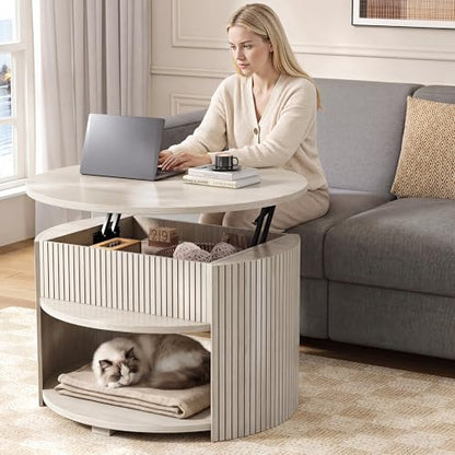 Round Lift Top Coffee Table with Storage, Fluted Mid-Century Modern Coffee Tables for Living Room, with Hidden Compartment & Open Shelves, for Small Spaces & Home Office(31.5" White Oak)
