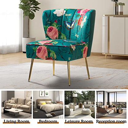 Accent Chair with Golden Metal Legs, Comfy Tufted Wingback Living Room Chair Floral Fabric Small Armless Side Chair, Upholstered Slipper Chair for Bedroom, Reading Room (Flower Print&BLUE)