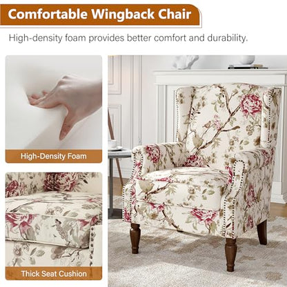 Floral Wingback Accent Chair, High Back Upholstered Armchair, Comfy Fabric Wingback Arms Chairs with Solid Wood Legs, Single Sofa Reading Chair for Bedroom Living Room, Beige