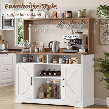 58" Farmhouse Coffee Bar Cabinet with Storage & Power Outlets, White, view 5