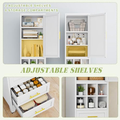 Freestanding white pantry cabinet with golden handles, modern display features, view 5