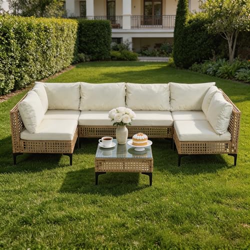7 PCs Outdoor Patio Furniture All Weather Wicker Rattan Sectional Conversation Sofa Set w/Water Resistant Cushions, Coffee Table for Paito, Lawn, Garden, Beige