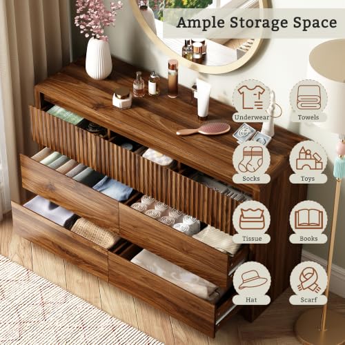 Walnut Fluted 7 Drawer Dresser for Bedroom, Curved Edge, 50" Wide, view 5