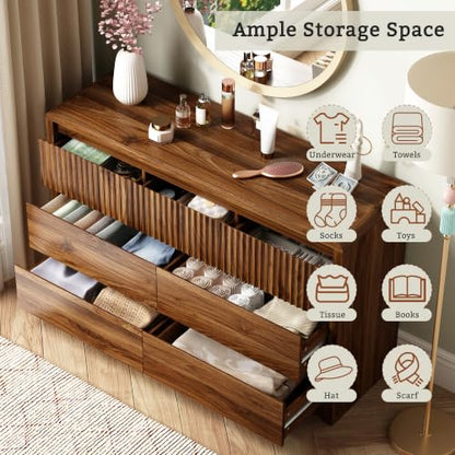 Walnut Fluted 7 Drawer Dresser for Bedroom, Curved Edge, 50" Wide, view 5