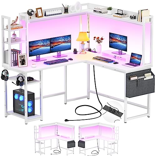 L Shaped Desk Gaming Desk with Power Outlet & LED Light & Monitor, view 2