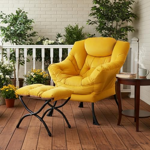 Lazy Chair with Ottoman, Yellow Modern Large Accent Armchair, Comfy Leisure Sofa Reading Chair with Footrest for Bedroom, Living Room, Dorm Rooms, Garden, Velvet Yellow