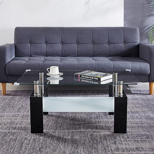 2-Tier Glass Coffee Table, Rectangle Center Table with Double-Layer Tempered Glass Storage Space and Black MDF Legs, Modern Living Room Table for Home Office, Waiting Room