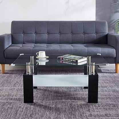2-Tier Glass Coffee Table, Rectangle Center Table with Double-Layer Tempered Glass Storage Space and Black MDF Legs, Modern Living Room Table for Home Office, Waiting Room