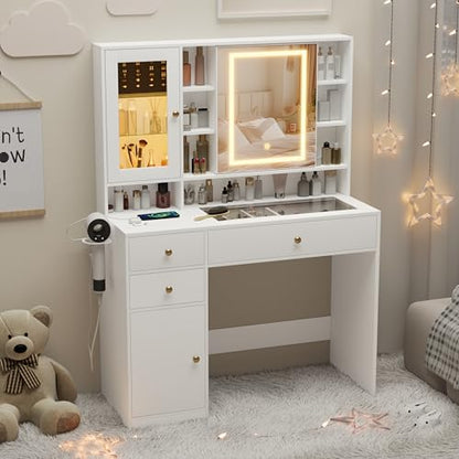 Makeup Vanity Desk with Mirror and Lights, White Vanity with Glass Top, view 2