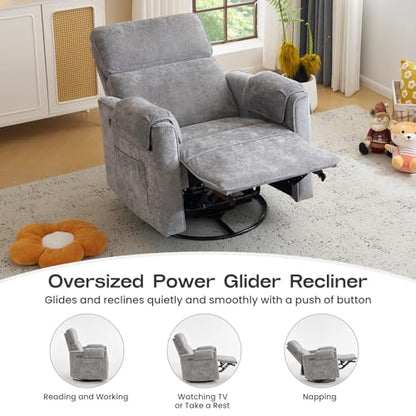 Oversized Power Recliner Chair with Adjustable Headrest, Swivel Rocking Recliner for Adults, 24" Extra Wide Glider Nursery Chair with Overstuffed Armrest for Living Room, USB Ports, Grey