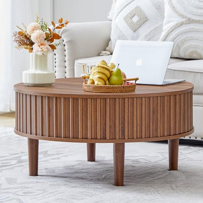 Round Lift Top Coffee Table with Storage, Fluted Mid Century Modern Coffee Tables, Small Space,31.5" Wooden Center Table for Living Room, Apartment, Office (Walnut)