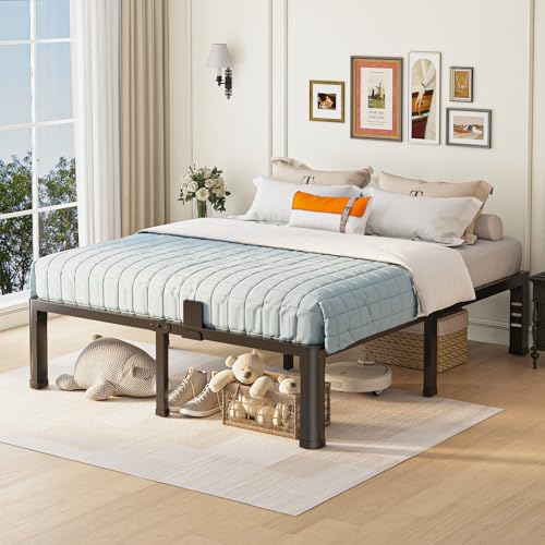14 inch Full Size Bed Frame with Round Corner Legs and Headboard Hole Mattress, view 3