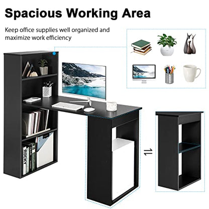 Computer Desk with Bookshelf, Writing Study Desk with Storage Shelves & CPU Stand, Modern Compact Computer Workstation for Home & Office, Space-Saving Design (Black)
