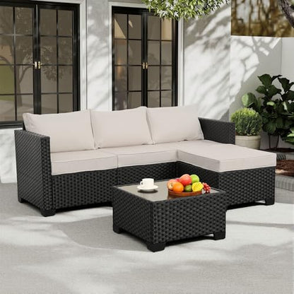 Outdoor Furniture Set 3 Pieces Wicker Patio Furniture Outdoor Sectional Patio Couch Outdoor Coffee Table All-Weather Non-Slip Cushions Waterproof Covers, Khaki